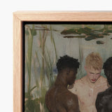 Light Wood-framed Canvas Print Painted Scene Three Shirtless Gay Interracial Threesome, Art