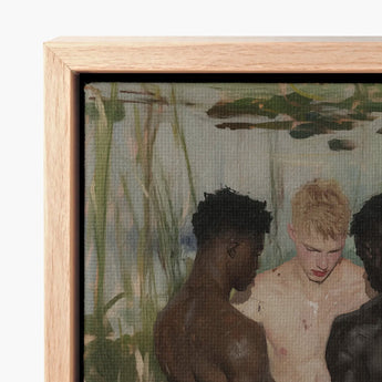 Light Wood-framed Canvas Print Painted Scene Three Shirtless Gay Interracial Threesome, Art