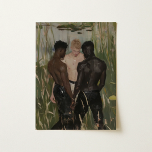 Three d - Gay Interracial Threesome Art Print / Canvas Rectangular Canvas Painting Three Shirtless Men Tall Green Gay Interracial