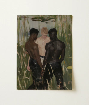 Rectangular Canvas Painting Three Shirtless Men Tall Green Gay Interracial Threesome, Art, Print