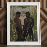 Three d - Gay Interracial Threesome Art Print / Canvas White-framed Artwork Men Water Scene Green Reeds, Prints