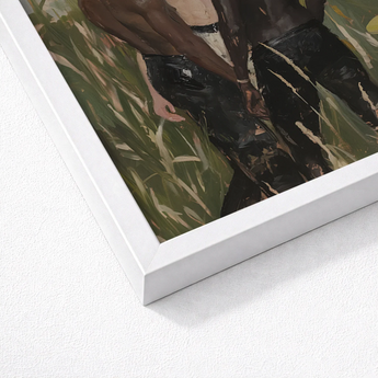 White Framed Painting Two Figures Field Rendered Textured Gay Interracial Threesome, Art, Print