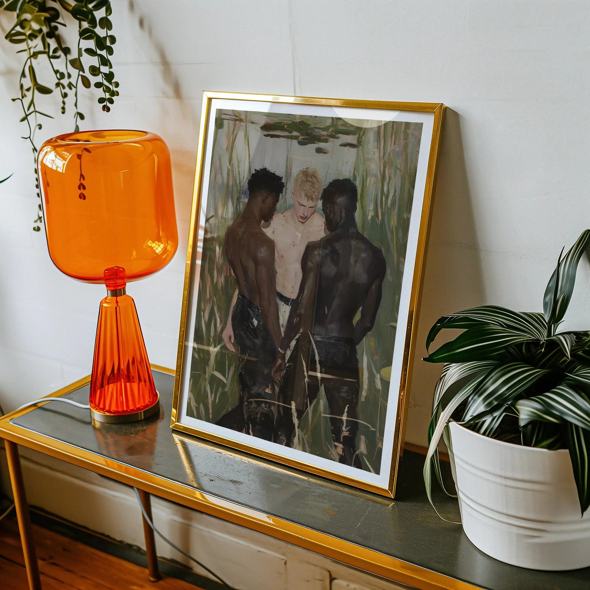 Three d Gay Interracial Threesome Art Print, Framed Painting Three Men Marsh