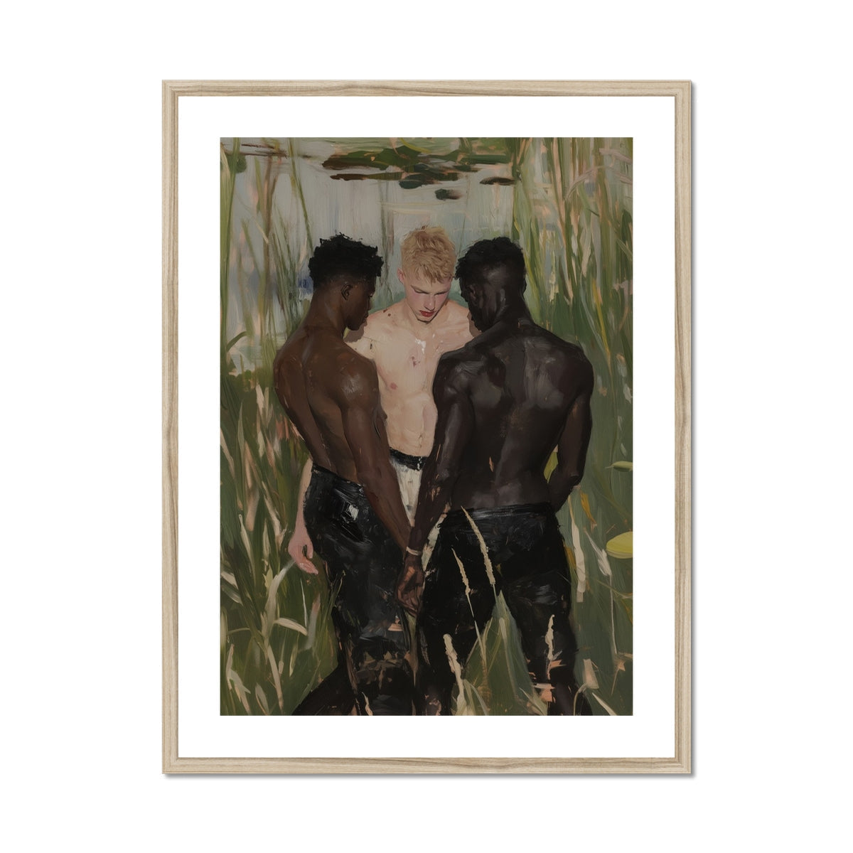 Three d Gay Interracial Threesome Art Print, Framed Painting Three Men Pond