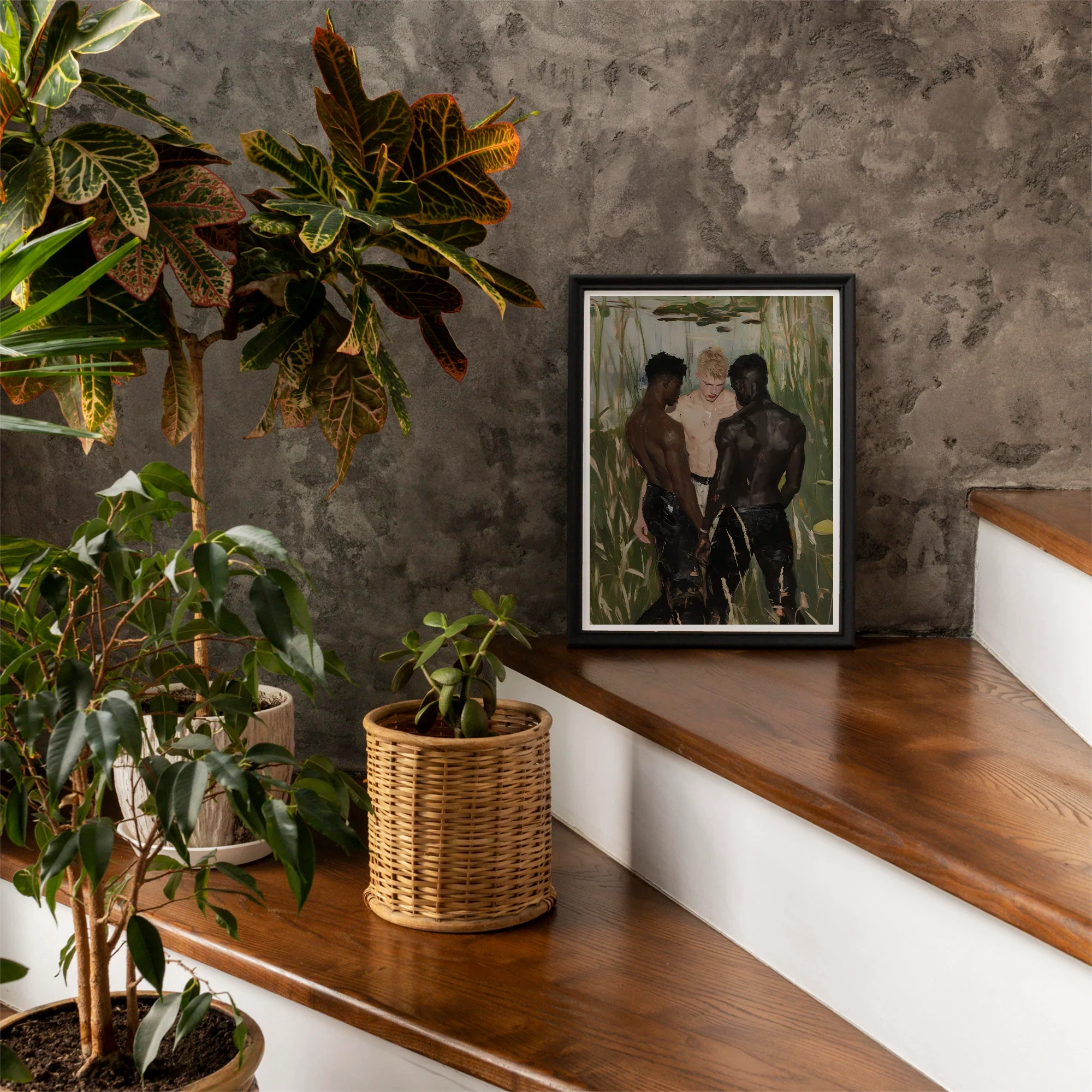 Three d Gay Interracial Threesome Art Print, Framed Painting Three Men Swamp