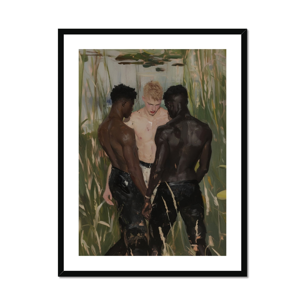 Three d Gay Interracial Threesome Art Print, Framed Painting Three Men Water