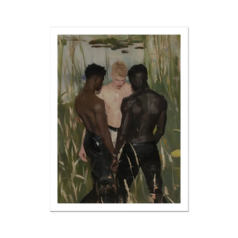 Three d - Gay Interracial Threesome Art Print, Oil Painting Three Men Swamp