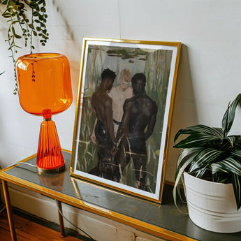 Three d - Gay Interracial Threesome Art Print, Framed Painting Three Men Marsh
