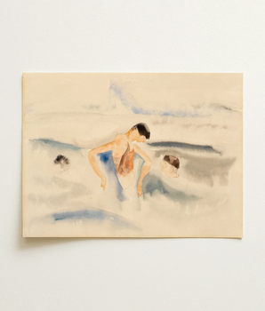 Soft Watercolor Painting Figures Pool Rendered Gentle Washes Three, Russet Tank Suit, Bends, Charles Demuth Art, Print, Young Man