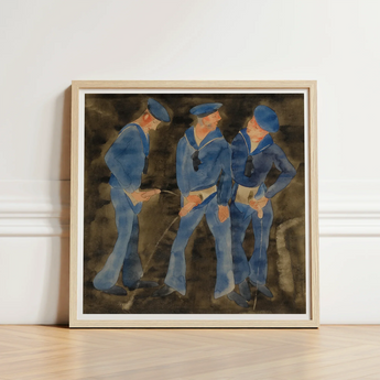 Framed Watercolor Painting Three Sailors Blue Uniforms Set Charles Demuth, Crowds, Uniformed Bodies, Pissing, Gleefully, Art, Print