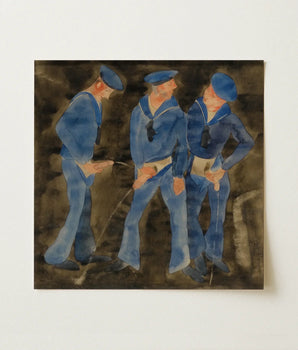 Watercolor Painting Three Sailors Blue Uniforms Caps Dark Charles Demuth, Crowds, Uniformed Bodies, Pissing, Gleefully, Art, Print