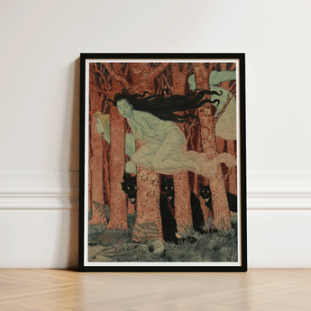 Three Women and Wolves - Eugene Grasset Art Print / Canvas Framed Woman Long Black Hair Motion Spectral Slip, Gauze Limbs Blurring, Prints