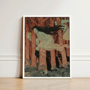 Three Women and Wolves - Eugene Grasset Art Print / Canvas Framed Woman Long Black Hair Motion Spectral Slip, Gauze Limbs Blurring, Prints