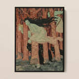 Three Women and Wolves - Eugene Grasset Art Print / Canvas Framed Artwork Woman Long Black Hair Motion Surrounded Spectral Women Slip,