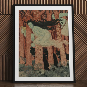 Three Women and Wolves - Eugene Grasset Art Print / Canvas Framed Art Print Ghostly Figure Forest Black Wolves Spectral Women Slip, Gauze