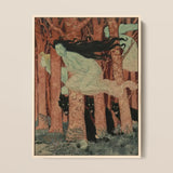 Three Women and Wolves - Eugene Grasset Art Print / Canvas Framed Art Print Woman Long Black Hair Motion Spectral Women Slip, Gauze Limbs