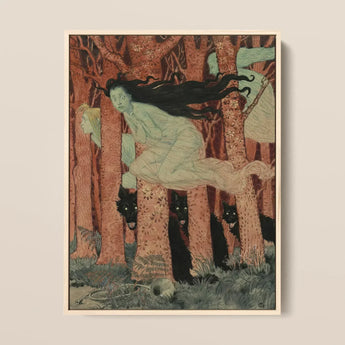 Three Women and Wolves - Eugene Grasset Art Print / Canvas Framed Art Print Woman Long Black Hair Motion Spectral Women Slip, Gauze Limbs