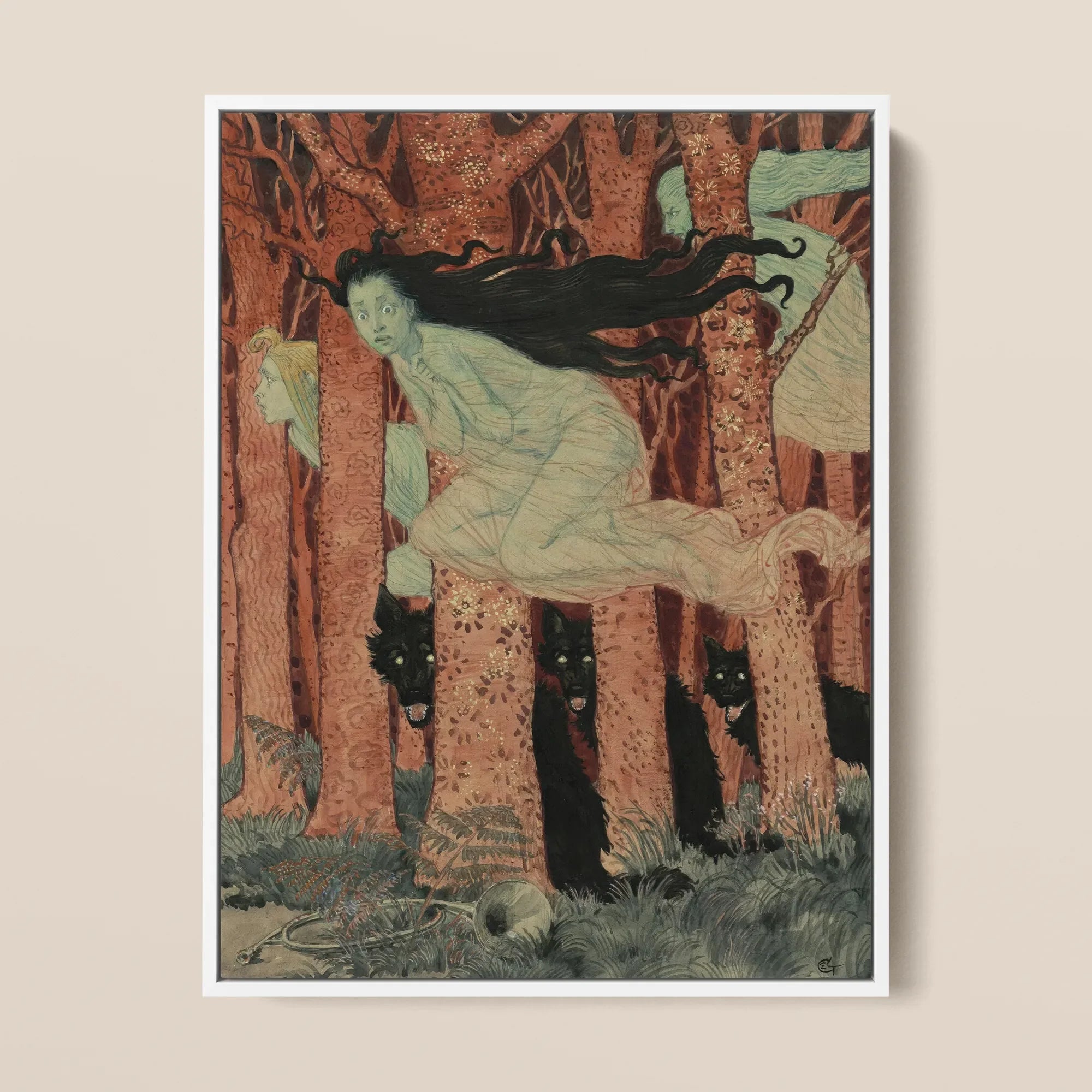 Three Women and Wolves - Eugene Grasset Framed Canvas, 24x32’’ / 61x81cm / White Floating Frame, Framed Painting Ghostly Figure Forest