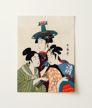 Traditional Japanese Woodblock Print Three Elegantly Dressed Women Young Men, Kitagawa Utamaro’s, Faces Pressed, Close, Beneath