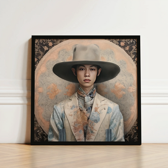 Framed Portrait Person Ornate Wide-brimmed Hat Light-colored Suit Transgender Cowboy, Thai, Elegant Outlaw’s