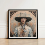 Framed Portrait Young Man Ornate Wide-brimmed Hat Patterned Transgender Cowboy, Thai, Elegant Outlaw’s