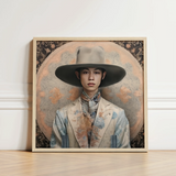 Framed Portrait Man Ornate Wide-brimmed Hat Floral-patterned Suit Transgender Cowboy, Thai, Elegant Outlaw’s