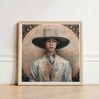 Framed Portrait Person Ornate Wide-brimmed Hat Patterned Suit Transgender Cowboy, Thai, Elegant Outlaw’s