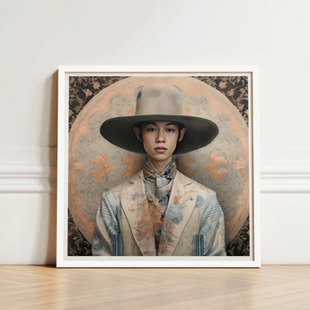 Framed Portrait Person Ornate Wide-brimmed Hat Light-colored Suit Transgender Cowboy, Thai, Elegant Outlaw’s