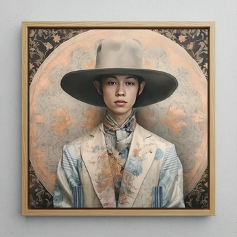 Thuanthong - Dandy Thai Transman Cowboy Art Print / Canvas Framed Portrait Young Man Ornate Wide-brimmed Hat Floral-patterned Transgender