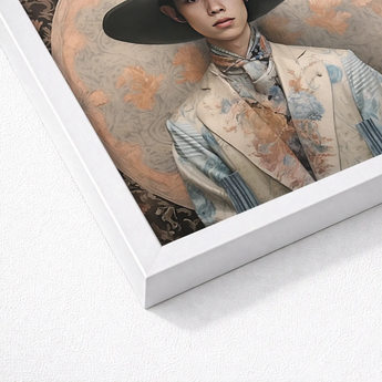 Framed Portrait Young Man Ornate Wide-brimmed Hat Patterned Transgender Cowboy, Thai, Elegant Outlaw’s