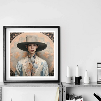Thuanthong - Dandy Thai Transman Cowboy Art Print, Framed Portrait Artwork Figure Wide-brimmed Hat Light-colored Formal