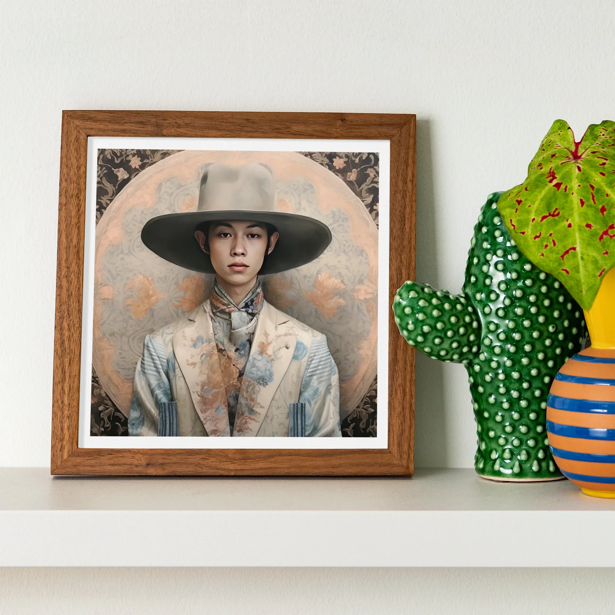 Thuanthong Dandy Thai Transman Cowboy Art Print, Framed Portrait Photograph Figure Wide Brimmed Hat Light Colored Jacket