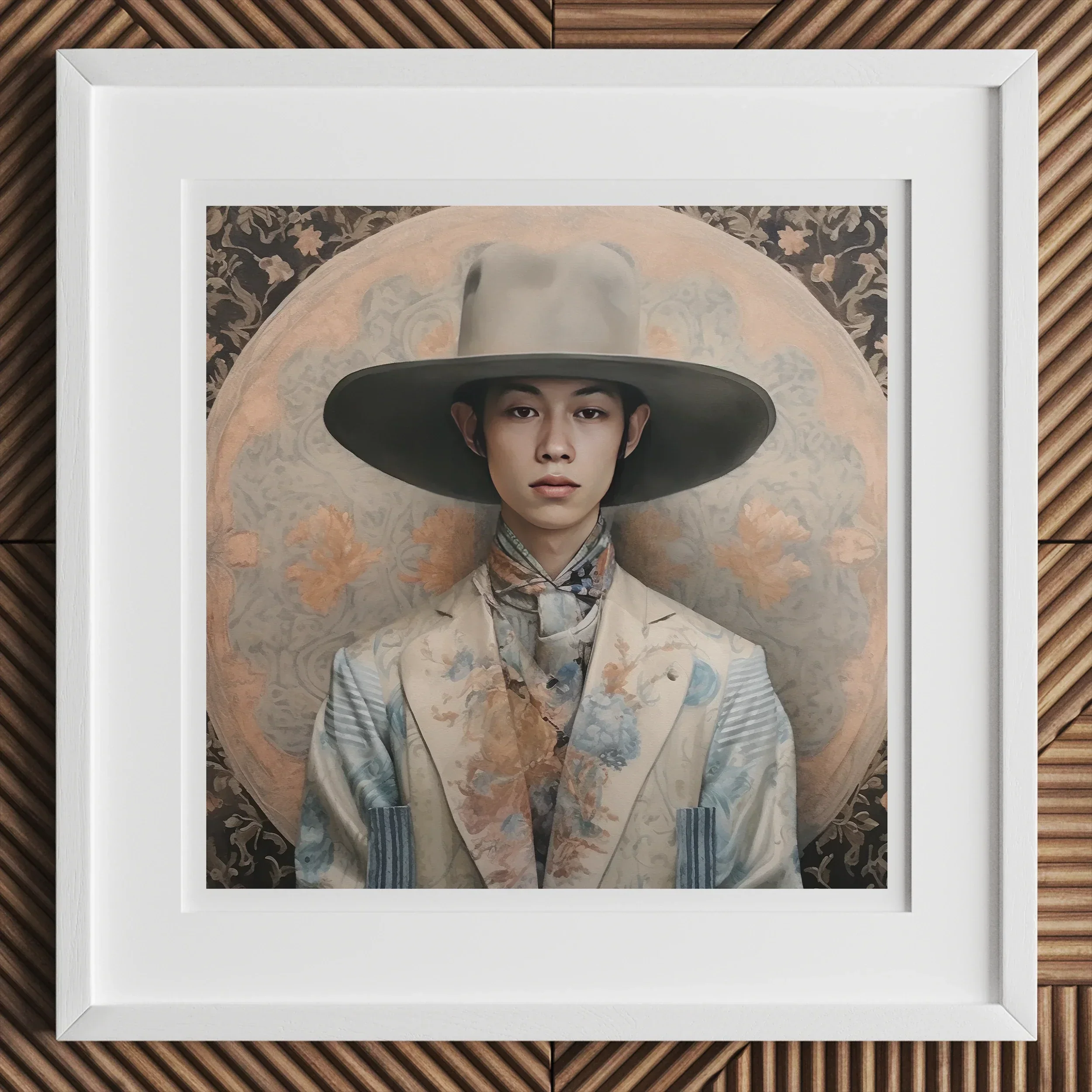 Thuanthong Dandy Thai Transman Cowboy Art Print, Framed Portrait Photograph Wide Brimmed Hat Floral Patterned Clothing