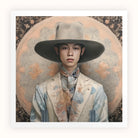 Thuanthong Dandy Thai Transman Cowboy Art Print, Person Wide Brimmed Hat White Blazer Patterned Silk Scarf