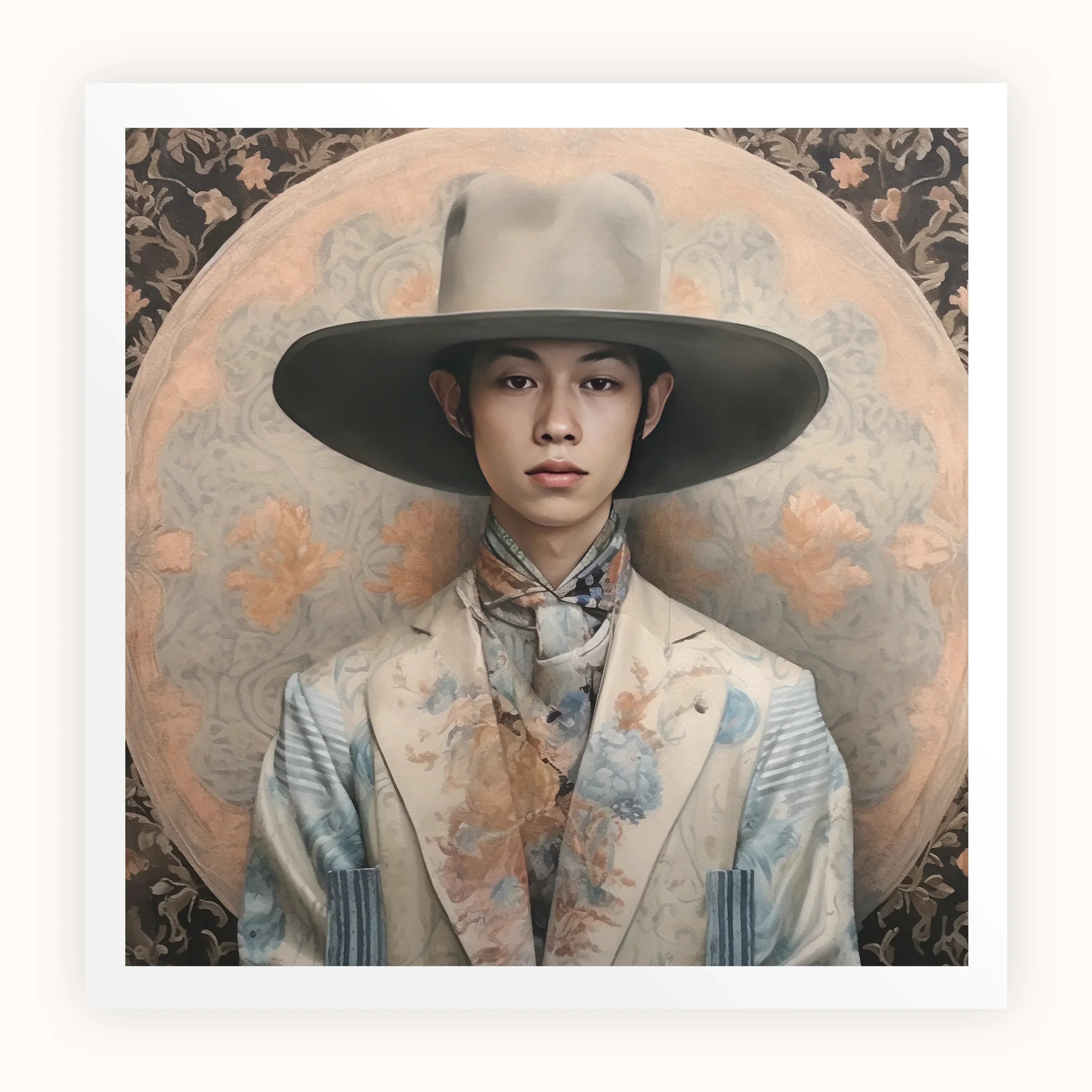 Thuanthong Dandy Thai Transman Cowboy Art Print, Person Wide Brimmed Hat White Blazer Patterned Silk Scarf