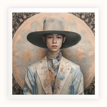 Thuanthong - Dandy Thai Transman Cowboy Art Print, Person Wide-brimmed Hat White Blazer Patterned Silk Scarf