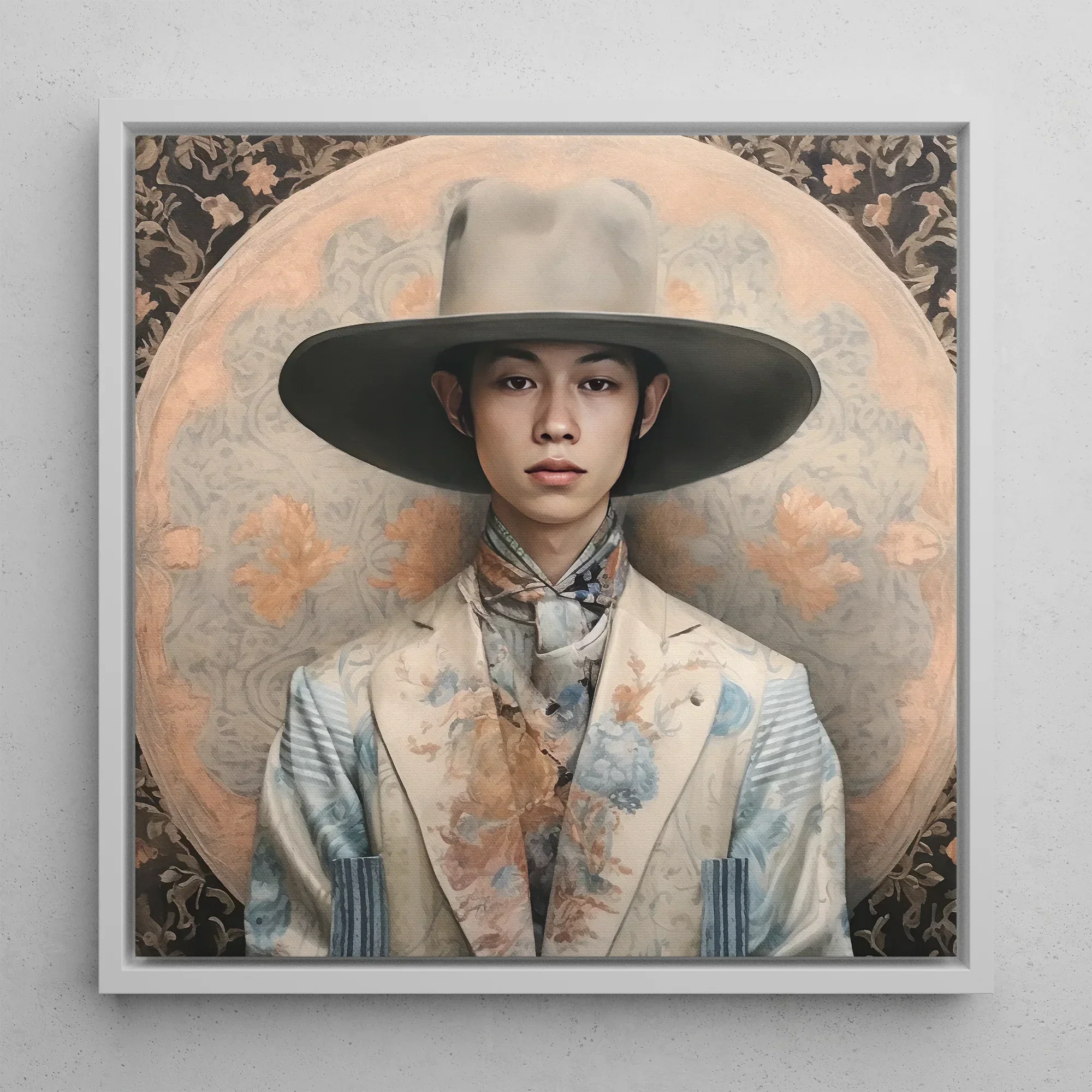 Thuanthong Thai Transgender Cowboy Framed Canvas, 12x12’’ / 31x31cm / White Floating Frame, Framed Portrait Person Wide Brimmed Hat Floral