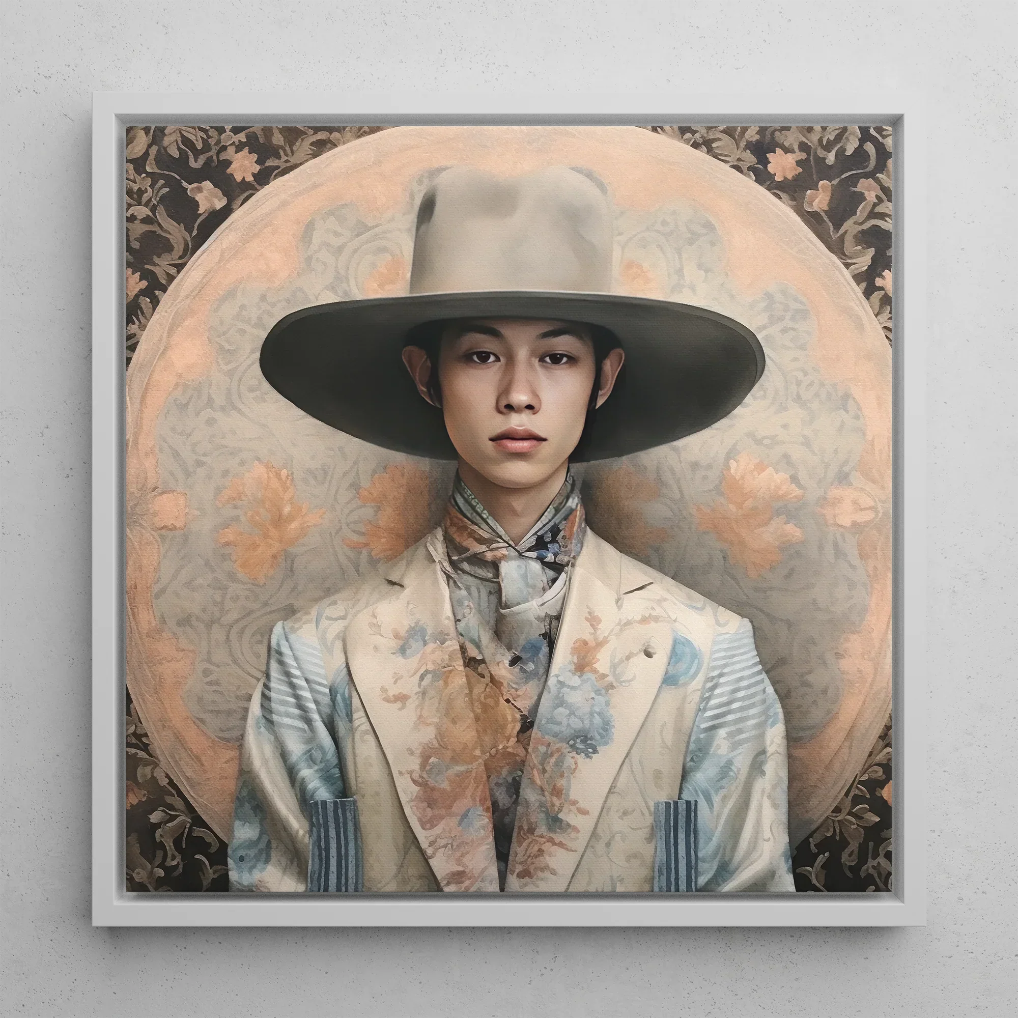 Thuanthong - Thai Transgender Cowboy Framed Canvas, 12’’x12’’ / White Floating Frame, Framed Portrait Person Wide-brimmed Hat Floral Suit