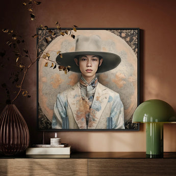 Thuanthong - Thai Transgender Cowboy Framed Canvas, Portrait Painting Person Wide-brimmed Hat Light-colored Jacket
