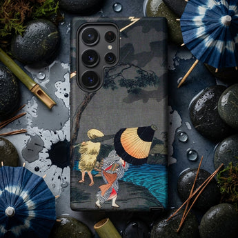 Thunderstorm at Tateishi - Takahashi Shōtei Phone Case Black Phone Case Traditional Japanese Illustration Two Figures Takahashi Shōtei’s