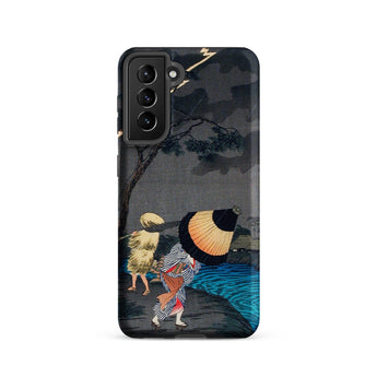 Thunderstorm at Tateishi - Takahashi Shōtei Samsung Case, Galaxy S21 / Matte, Black Smartphone Case Japanese Woodblock Print People Storm
