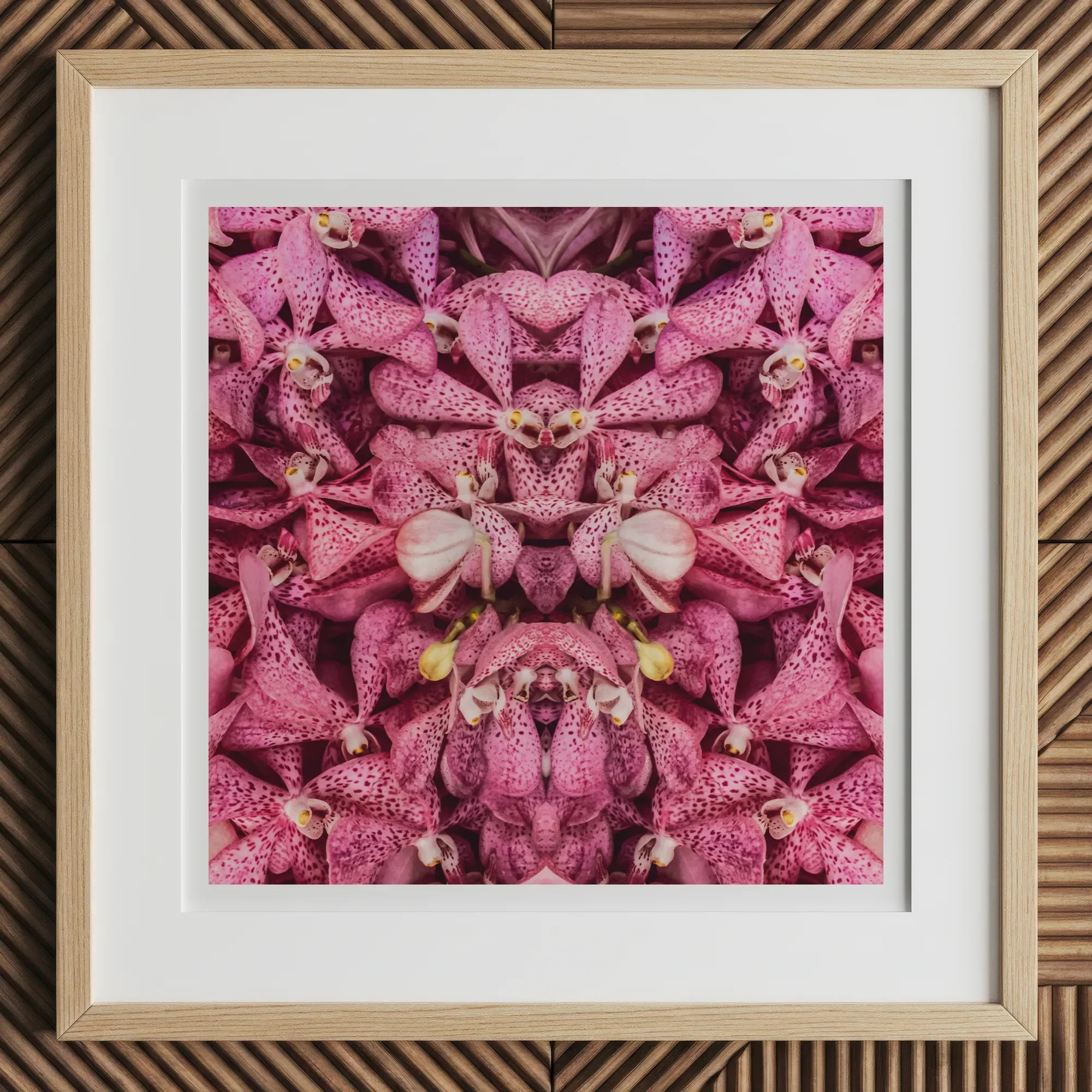 Tickled Pink - Fuschia Orchid Op Art Print, 12x12’’ / 31x31cm / Natural Frame, Framed Kaleidoscopic Print Pink Spotted Orchids