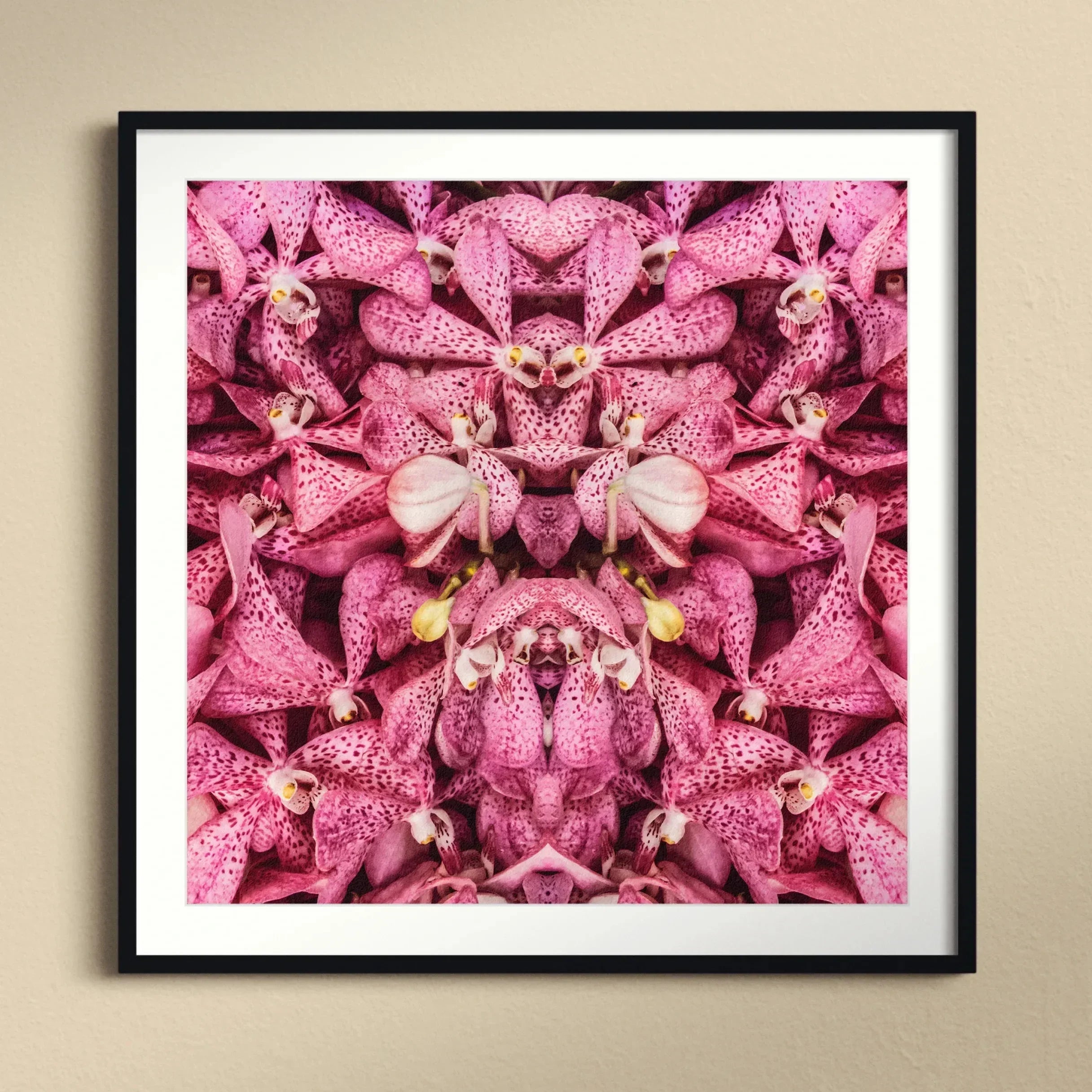 Tickled Pink Fuschia Orchid Op Art Print, Kaleidoscopic Pattern Pink Spotted Orchids Arranged Symmetrical Reflection