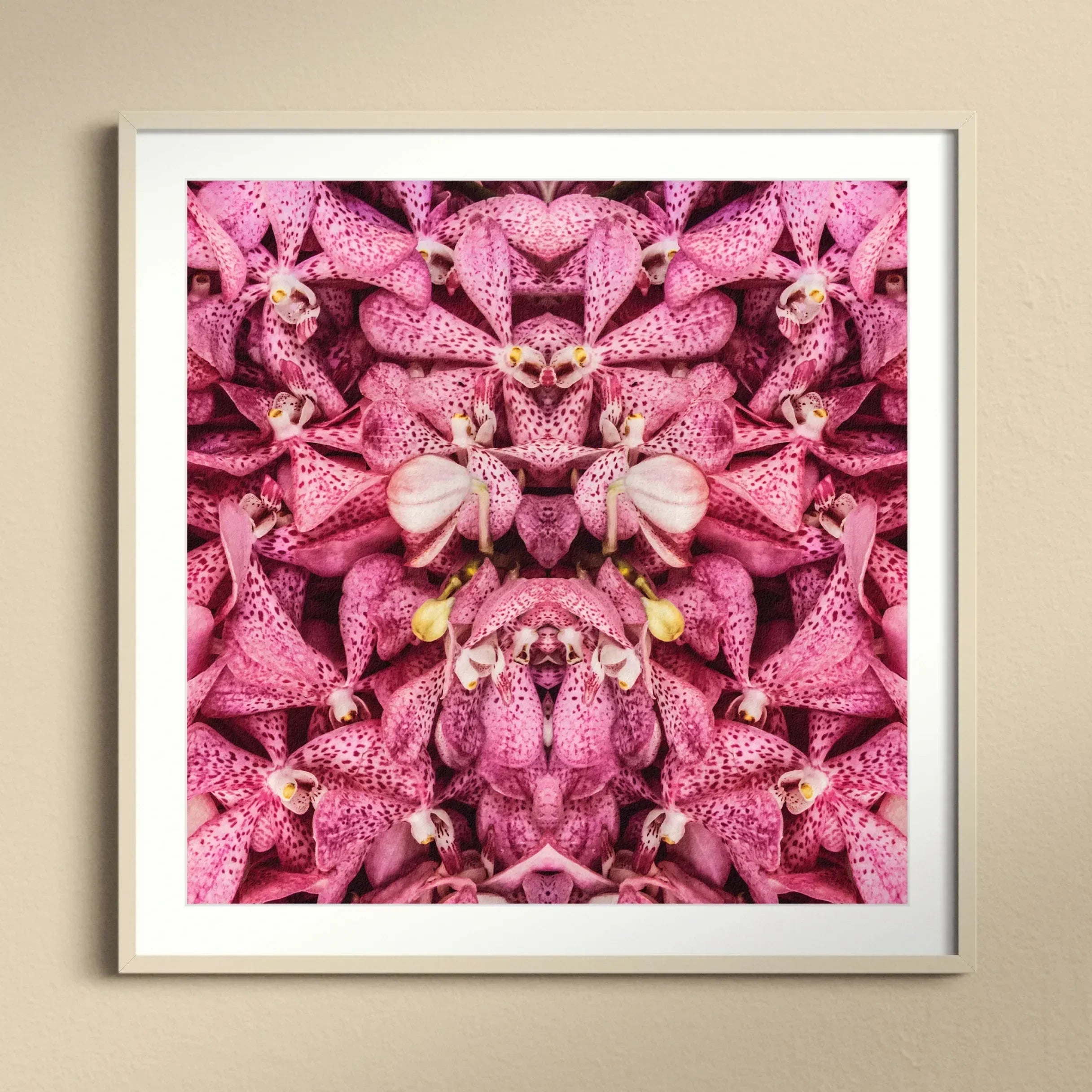 Tickled Pink Fuschia Orchid Op Art Print, Kaleidoscopic Pattern Pink Spotted Orchids Arranged Symmetrical Reflection