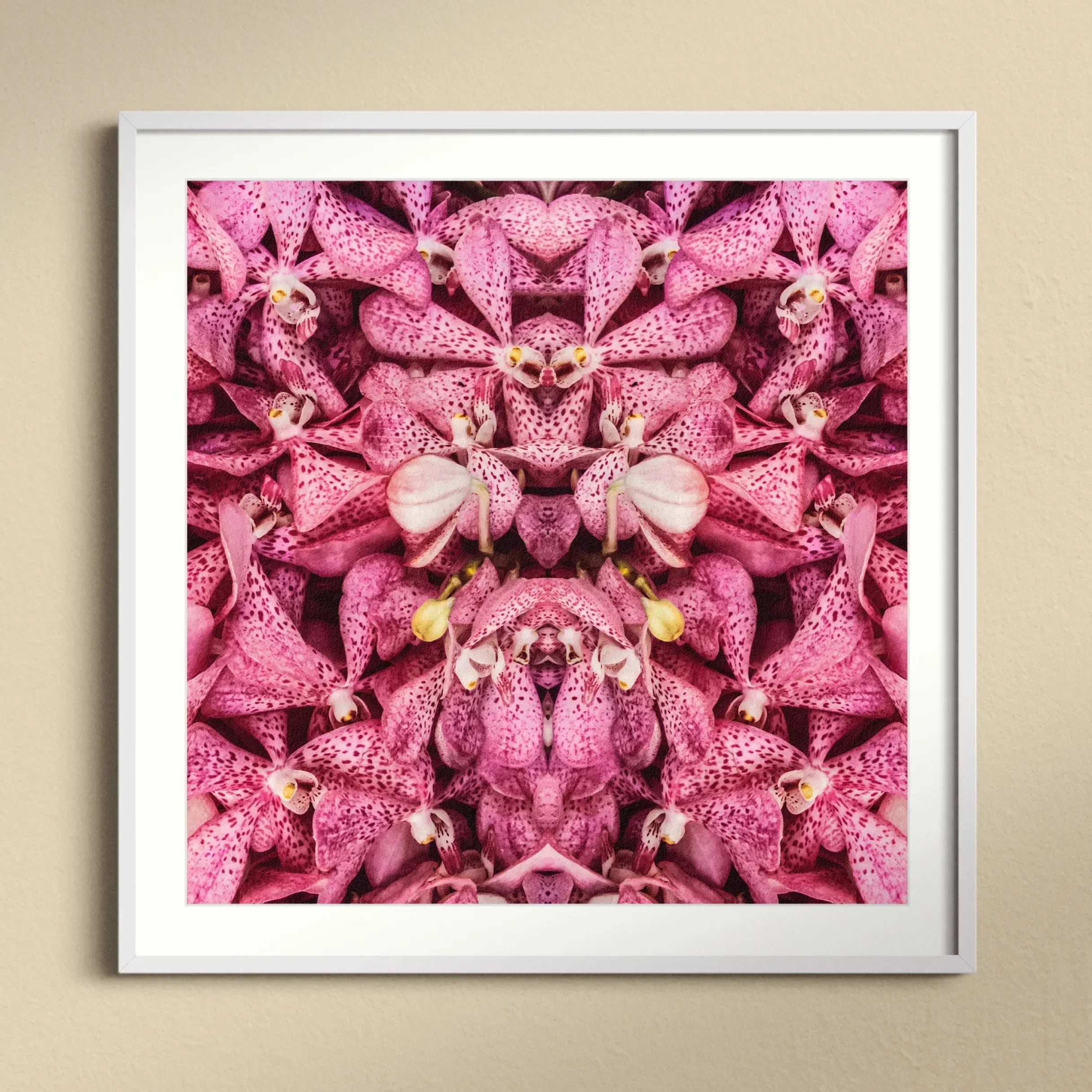 Tickled Pink Fuschia Orchid Op Art Print, Pink Spotted Orchids Arranged Symmetrical Kaleidoscopic Pattern