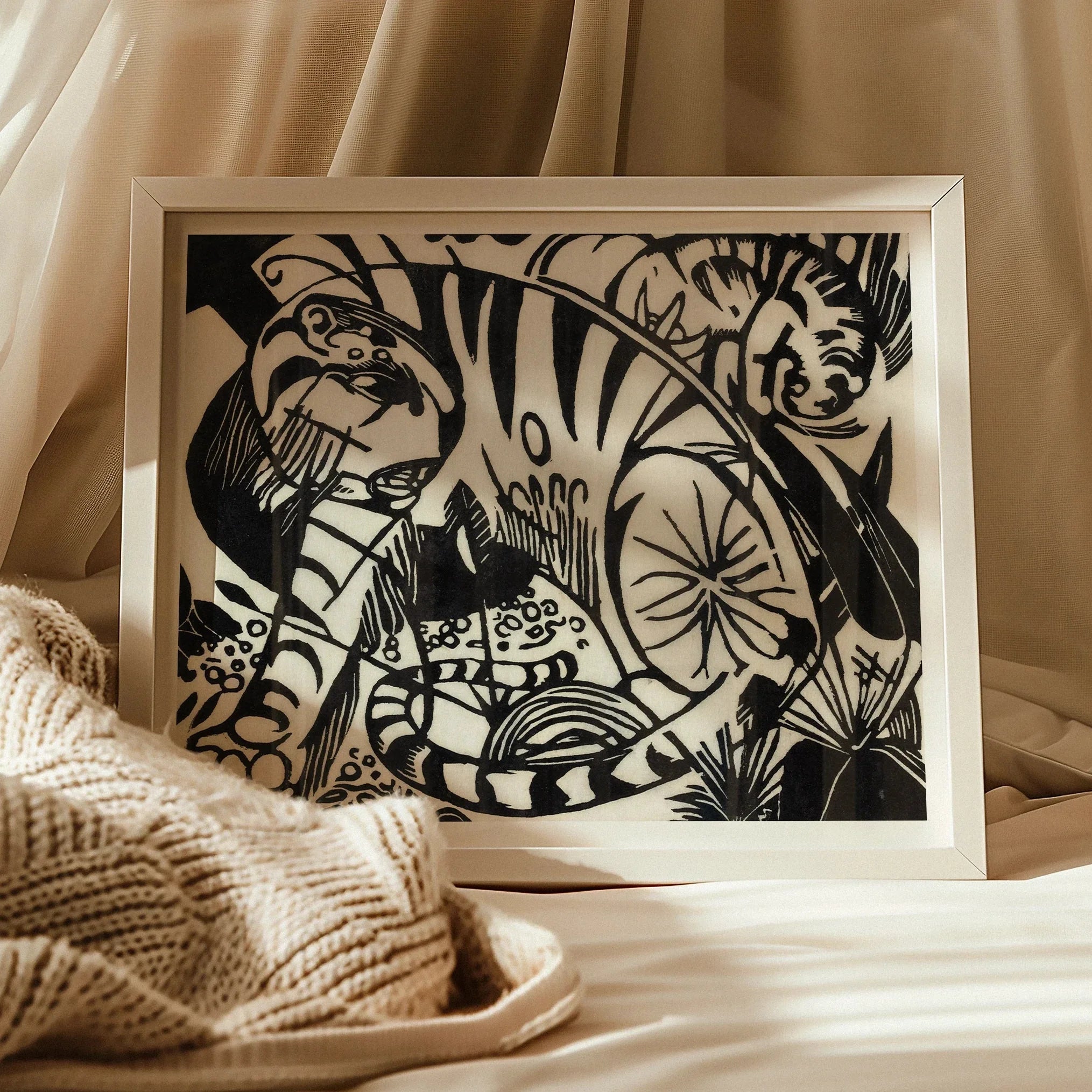 Tiger - Franz Marc Black and White Expressionism Art Print, Black White Paper Cut Artwork Tiger Among Foliage