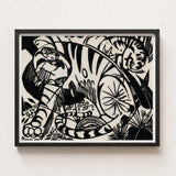 Black White Linocut Artwork Stylized Tigers Jungle Framed Franz Marc’s Expressionist Vision, Electrifying Tiger Art, Untamed Realm