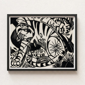 Black White Linocut Artwork Stylized Tigers Jungle Framed Franz Marc’s Expressionist Vision, Electrifying Tiger Art, Untamed Realm