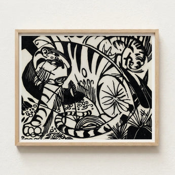 Black White Stylized Animal Print Artwork Light Wood Franz Marc’s Expressionist Vision, Electrifying Tiger Art, Untamed Realm