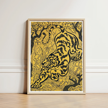 Tiger in the Jungle - Paul Ranson Art Print / Canvas Framed Artwork Bold Black Illustration Vibrant Yellow Ranson’s, Leaps, Impressionist